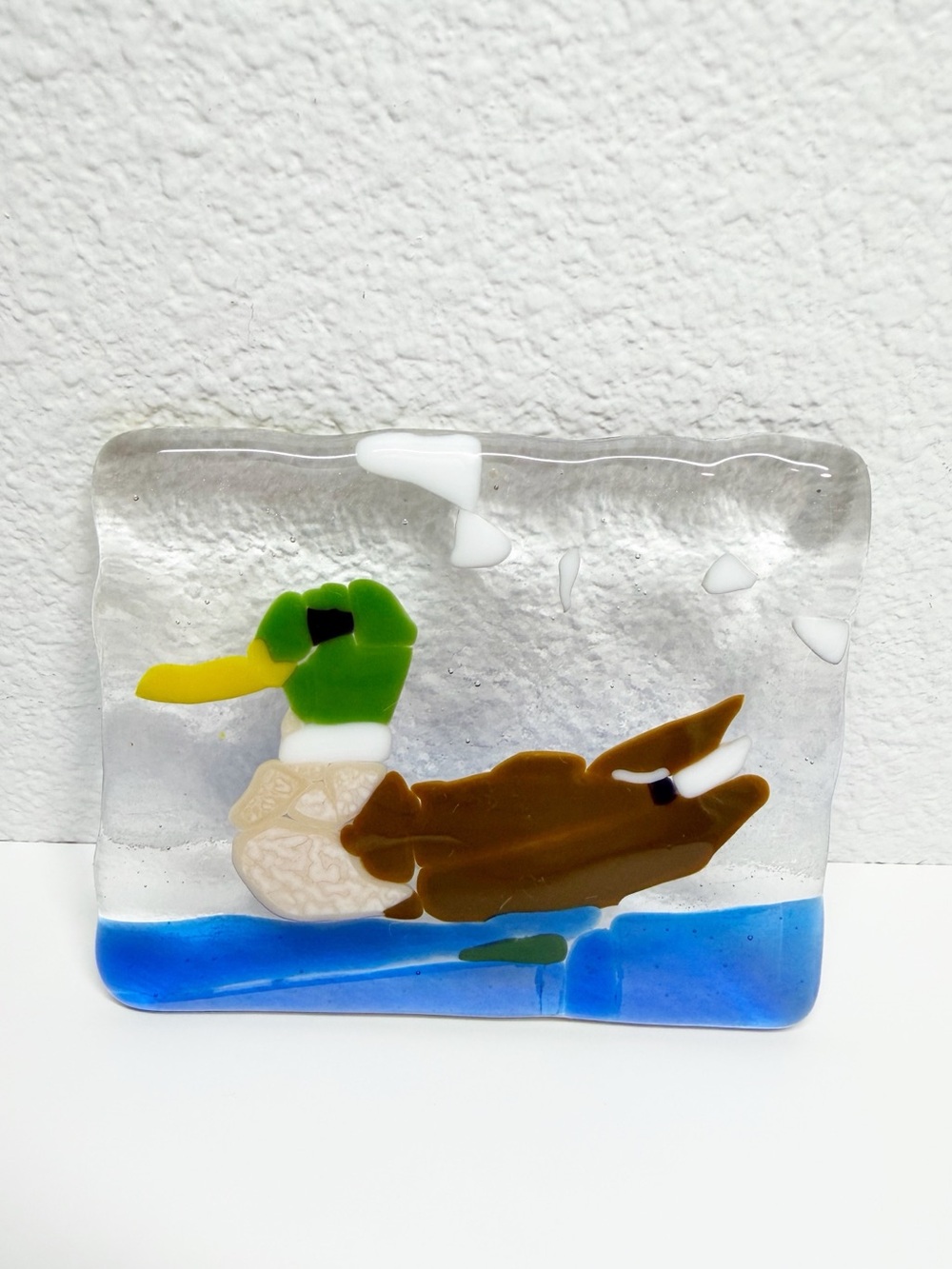 Vintage Mallard Duck Fused Glass Paperweight Plaque